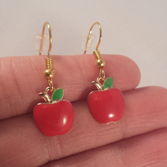 Gold Red Apple Dangle Earrings New Handpainted Festive Party Gift - Picture 2 of 2